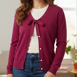 Lands' End Medium P $98 Magenta Cotton Cashmere‎ Bow V-Neck Button Cardigan8